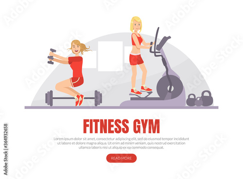Fitness Gym Landing Page Template, Girls Training Using Elliptical Trainer and Dumbbells, People Doing Physical Activity and Sports Vector Illustration