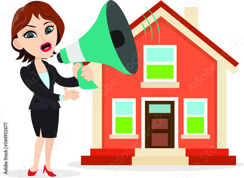 Sales girl announcing some good news holding a big megaphone loudspeaker home real estate sale rent property discount offers