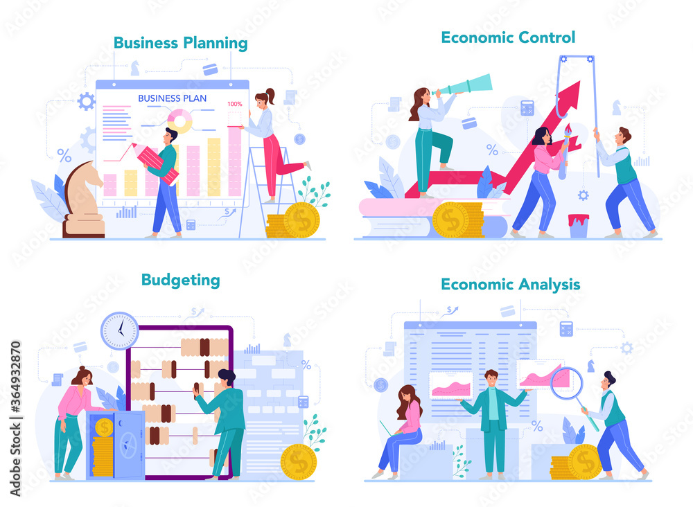 Economics and finance concept set. Business people work