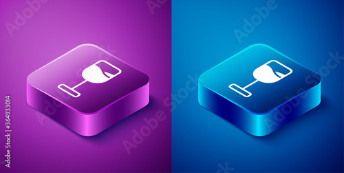 Isometric Wine glass icon isolated on blue and purple background. Wineglass icon. Goblet symbol. Glassware sign. Happy Easter. Square button. Vector.