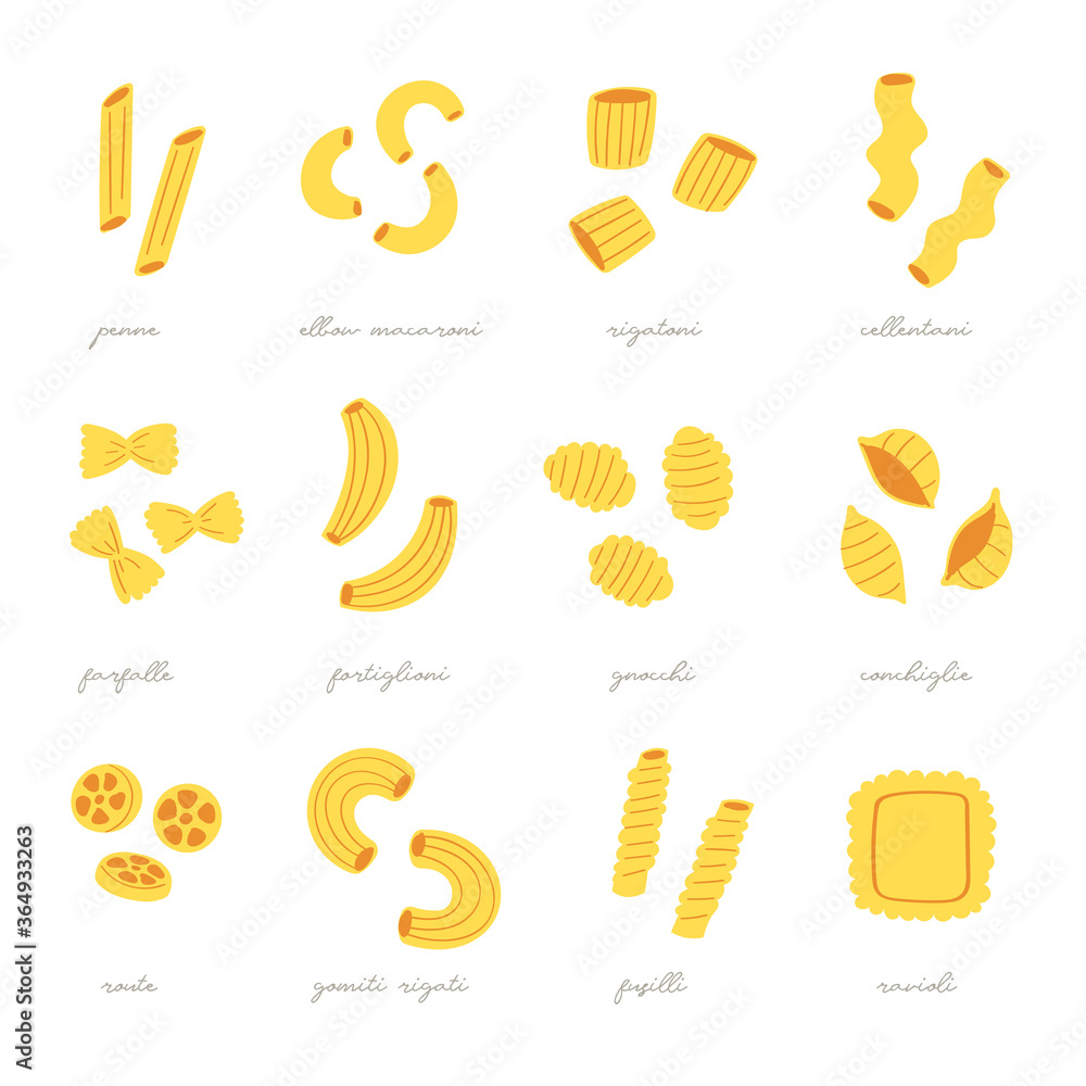 Fototapeta premium Vector illustration set of different types of pasta. Hand drawn traditional food in cuisine of Italy isolated on white background use for cooking books, restaurant menu, posters, banners, labels