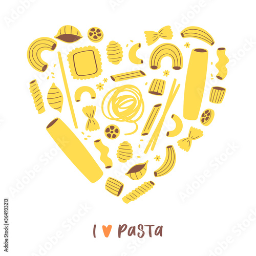 Vector illustration set of different types of pasta. Hand drawn traditional food in cuisine of Italy isolated on white background use for cooking books, restaurant menu, posters, banners, labels