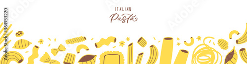 Vector illustration set of different types of pasta. Hand drawn traditional food in cuisine of Italy isolated on white background use for cooking books, restaurant menu, posters, banners, labels