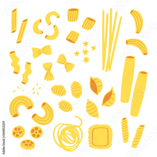 Vector illustration set of different types of pasta. Hand drawn traditional food in cuisine of Italy isolated on white background use for cooking books, restaurant menu, posters, banners, labels