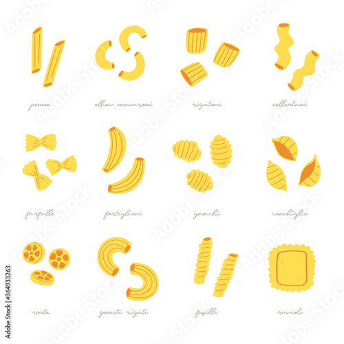 Vector illustration set of different types of pasta. Hand drawn traditional food in cuisine of Italy isolated on white background use for cooking books, restaurant menu, posters, banners, labels