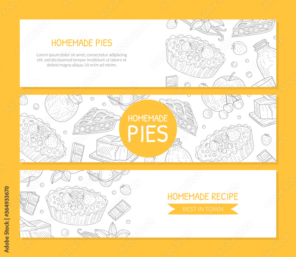 Homemade Pie Banner Templates Set, Card, Poster, Brochure, Restaurant or Cafe Menu, Recipe Book Design Element Vector Illustration