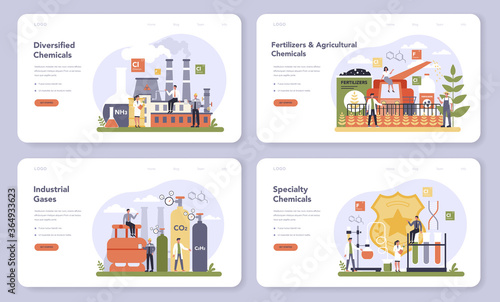 Chemical industry web banner or landing page set. Industrial chemistry