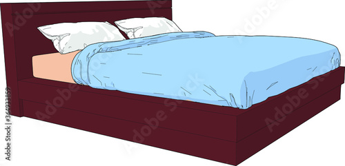 Double bed furniture interior element pillows blanket oak wood brown blue white front angle perspective