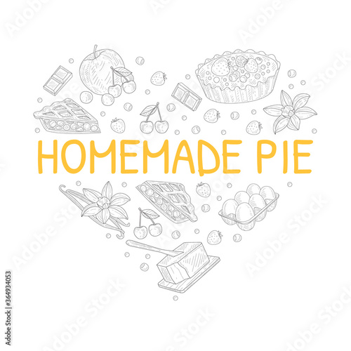 Homemade Fruit Pie Banner Template with Baking Ingredients of Heart Shape Hand Drawn Vector Illustration
