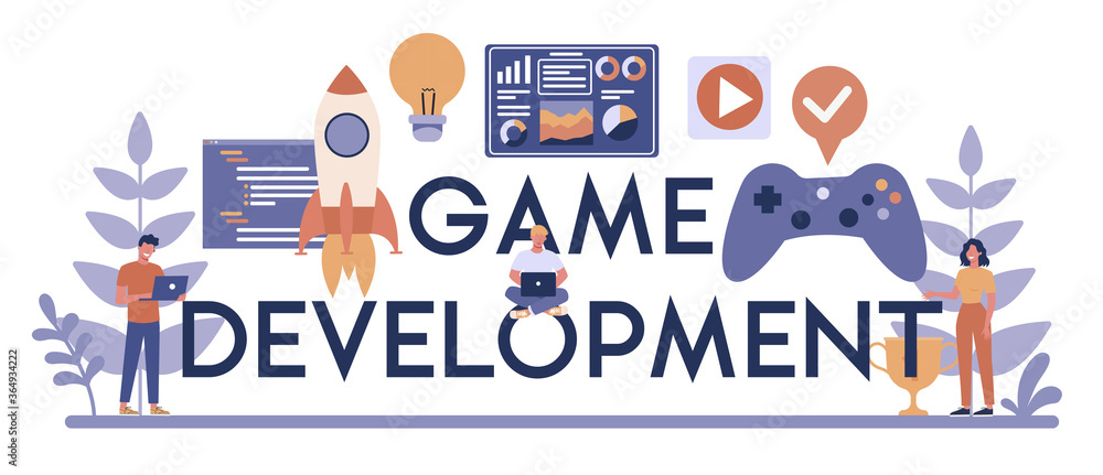 Game development typographic header concept. Creative process Game development typographic header concept. Creative process