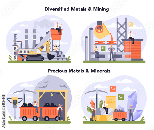 Precios metal and minerals, non-ferrous metal and mining set. Steel