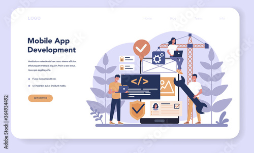 Mobile app development web banner or landing page. Modern