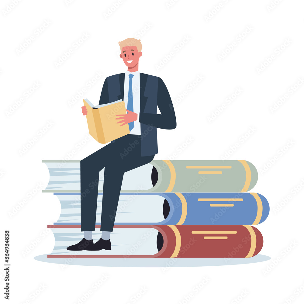 Young business character standing near big stack of books. Young business character standing near big stack of books.