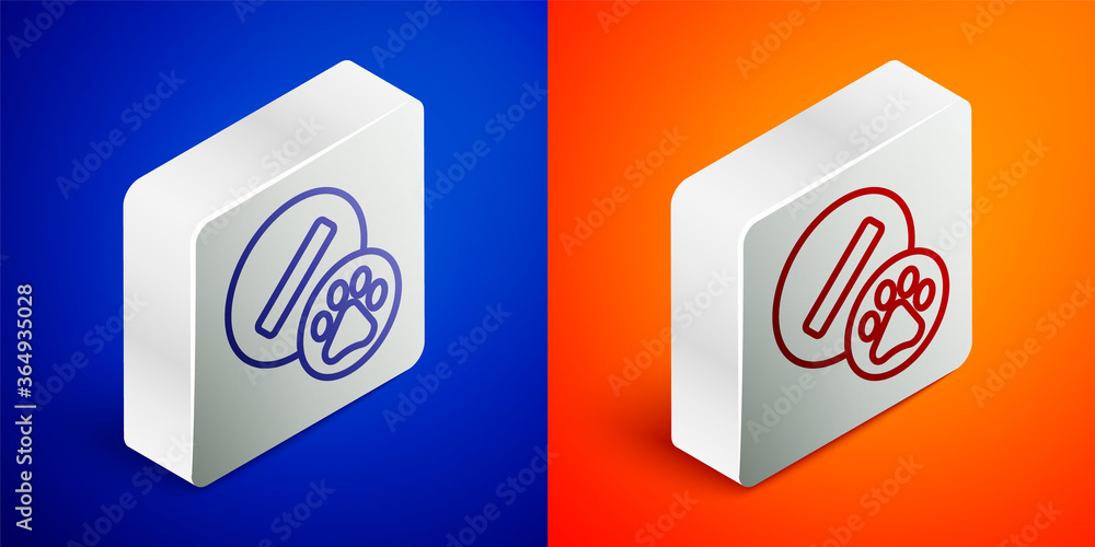 Isometric line Dog pill icon isolated on blue and orange background. Prescription medicine for animal. Silver square button. Vector. Isometric line Dog pill icon isolated on blue and orange background. Prescription medicine for animal. Silver square button. Vector.