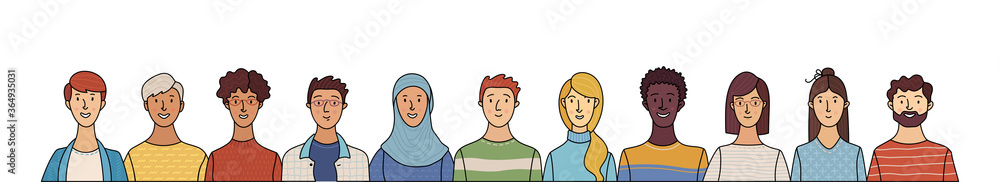 Multicultural smiling adult men and women standing together Multicultural smiling adult men and women standing together
