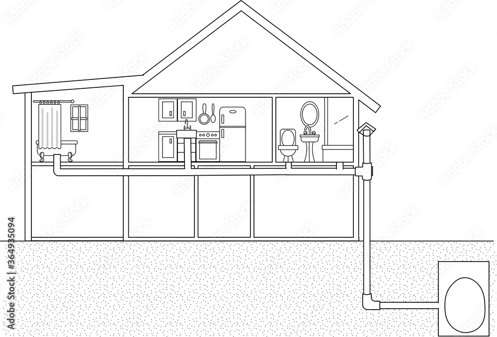 Skeletal image of a house sideways view showing a toilet drainage pipe