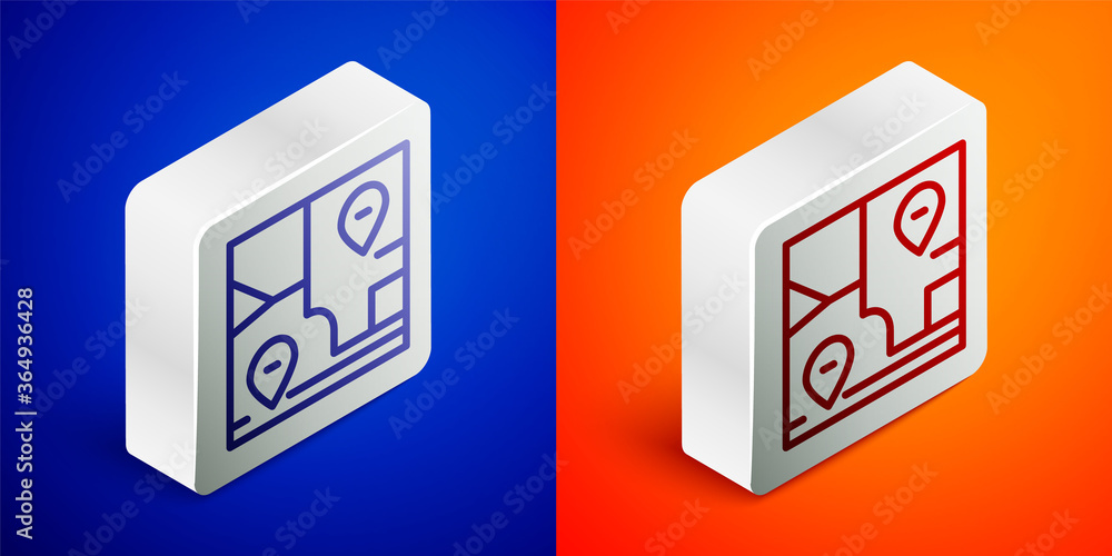 Isometric line Folded map with location marker icon isolated on blue and orange background. Silver square button. Vector. Isometric line Folded map with location marker icon isolated on blue and orange background. Silver square button. Vector.