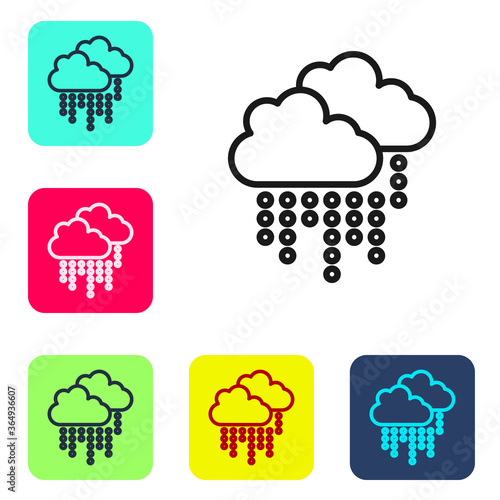 Black line Cloud with rain icon isolated on white background. Rain cloud precipitation with rain drops. Set icons in color square buttons. Vector.