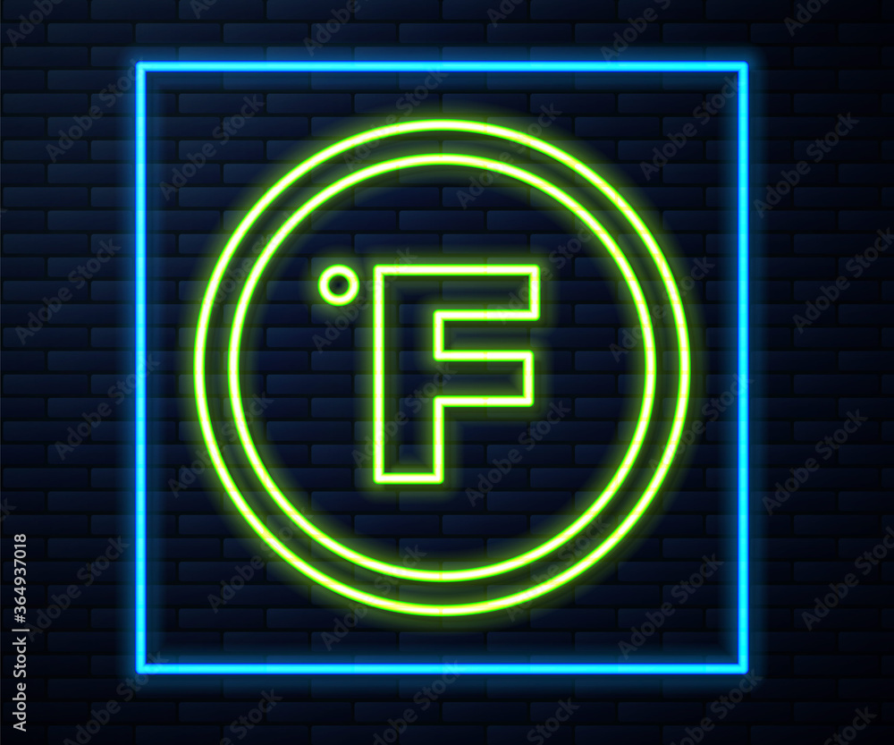 Glowing neon line Fahrenheit icon isolated on brick wall background. Vector. Glowing neon line Fahrenheit icon isolated on brick wall background. Vector.
