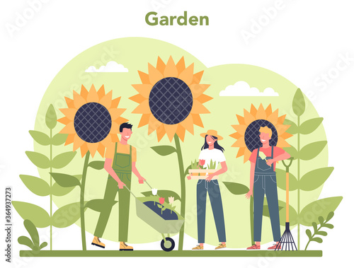 Gardening concept. Idea of horticultural designer business. Character