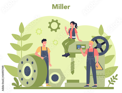 Miller and milling concept illustration. Engineer drilling metal
