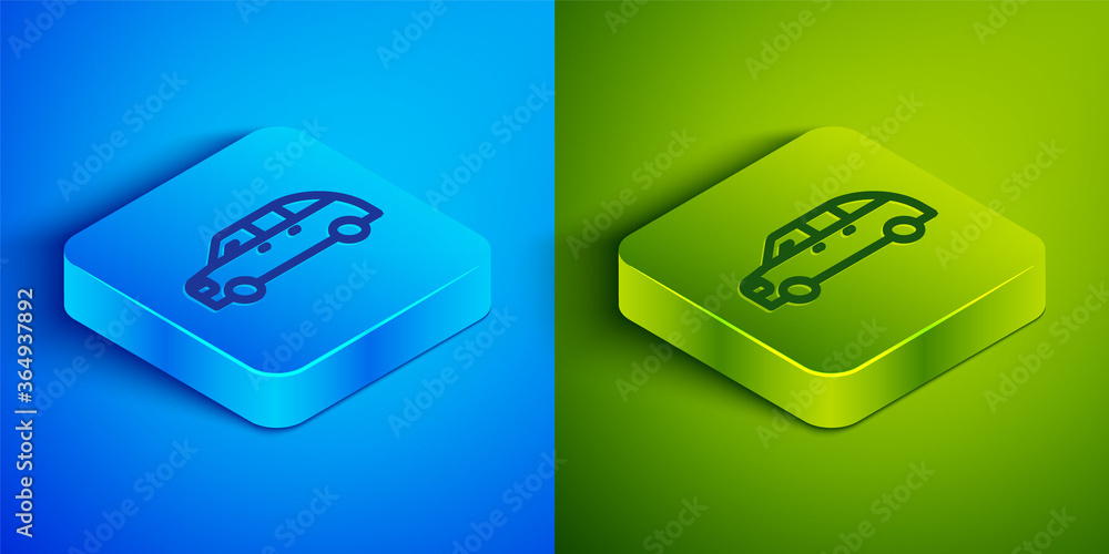 Isometric line Hatchback car icon isolated on blue and green background. Square button. Vector. Isometric line Hatchback car icon isolated on blue and green background. Square button. Vector.