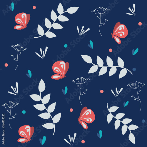 Vector pattern with butterflies and leaves. Modern texture for packaging or design.