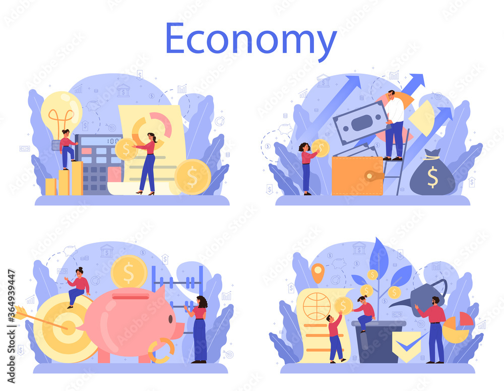 Economy school subject concept set. Student studying economics