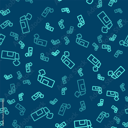 Green line Pepper spray icon isolated seamless pattern on blue background. OC gas. Capsicum self defense aerosol. Vector.