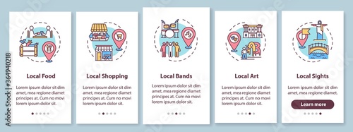 Local tourism elements onboarding mobile app page screen with concepts. Local sightseeing and shopping. Walkthrough 5 steps graphic instructions. UI vector template with RGB color illustrations