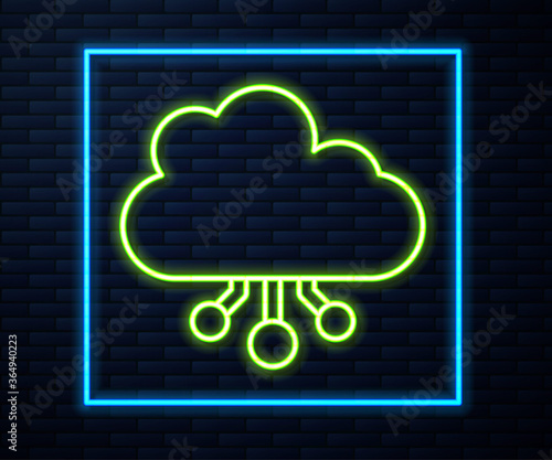 Glowing neon line Cryptocurrency cloud mining icon isolated on brick wall background. Blockchain technology, bitcoin, digital money market, cryptocoin wallet. Vector.