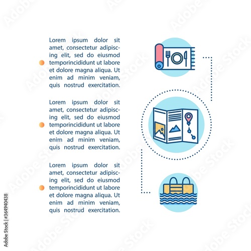 Travel tips concept icon with text. Tourist map. Backyard pool and picnics in park. PPT page vector template. Brochure, magazine, booklet design element with linear illustrations