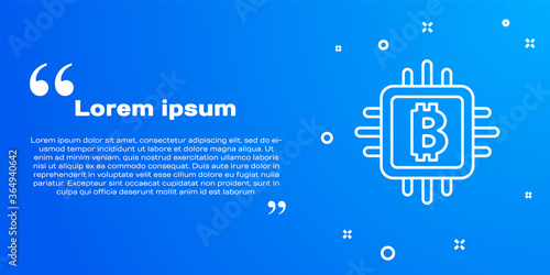 White line CPU mining farm icon isolated on blue background. Bitcoin sign inside processor. Cryptocurrency mining community. Digital money. Vector.