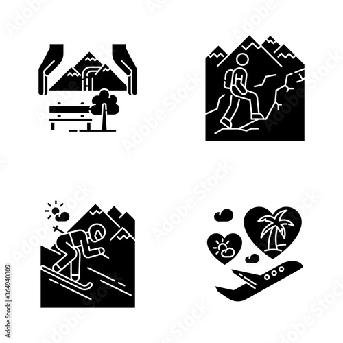 Holiday travel black glyph icons set on white space. Sustainable tourism, trekking, ski resort and honeymoon trip silhouette symbols. Seasonal vacation activities. Vector isolated illustration