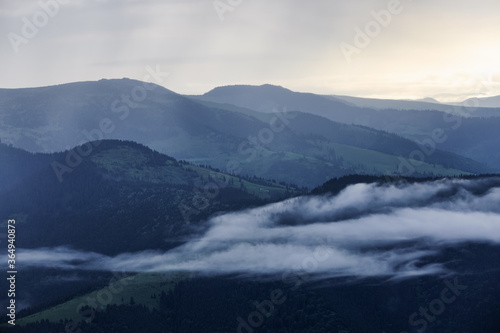 Landscape with high mountains. Foggy forest of the pine trees. Majestic summer day. The early morning mist. A place to relax in the Carpathian Park. Natural landscape. Free space for text.