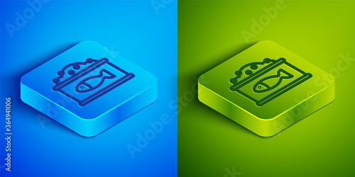 Isometric line Tin can with caviar icon isolated on blue and green background. Square button. Vector.