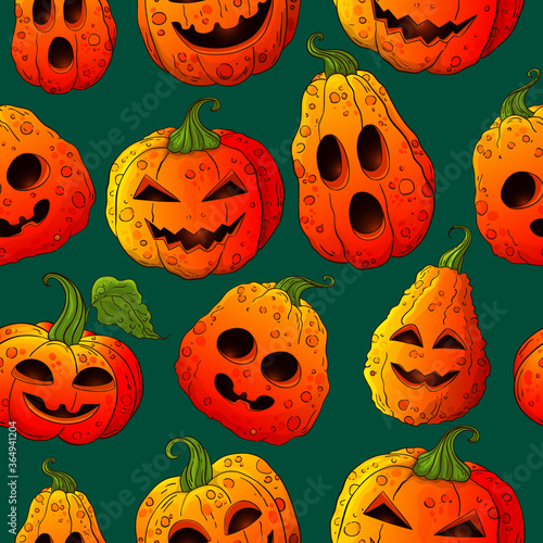 Halloween pumpkins pattern. Jack o lantern colorful background. Hand drawn color cartoon style pumpkins on dark blue backdrop. Many types jack pumpkin face. Halloween decoration texture.