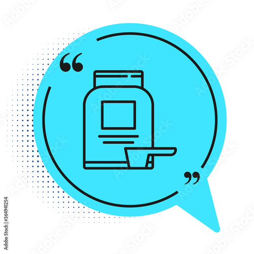 Black line Sports nutrition bodybuilding proteine power drink and food icon isolated on white background. Blue speech bubble symbol. Vector.