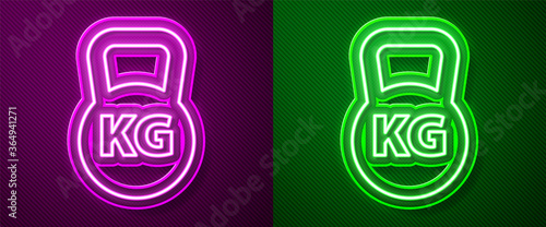 Glowing neon line Kettlebell icon isolated on purple and green background. Sport equipment. Vector.