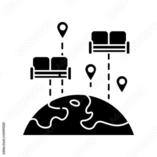 Couchsurfing black glyph icon. Budget tourism silhouette symbol on white space. Finding affordable accommodation in travel. Hospitality exchange. World map with couches vector isolated illustration
