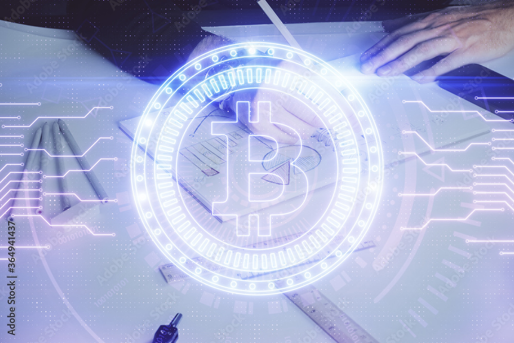 Fototapeta premium Man's hands working with notes background. Cryptocurrency and finance concept.