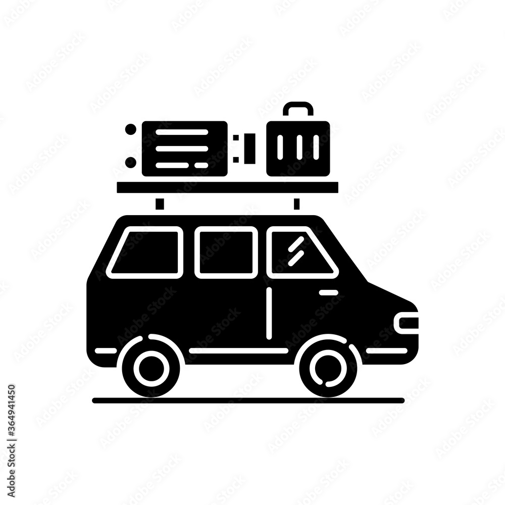 Road trip black glyph icon. Budget tourism, family vacation silhouette symbol on white space. Holiday season recreational activity, traveling by car. Auto with luggage vector isolated illustration Road trip black glyph icon. Budget tourism, family vacation silhouette symbol on white space. Holiday season recreational activity, traveling by car. Auto with luggage vector isolated illustration
