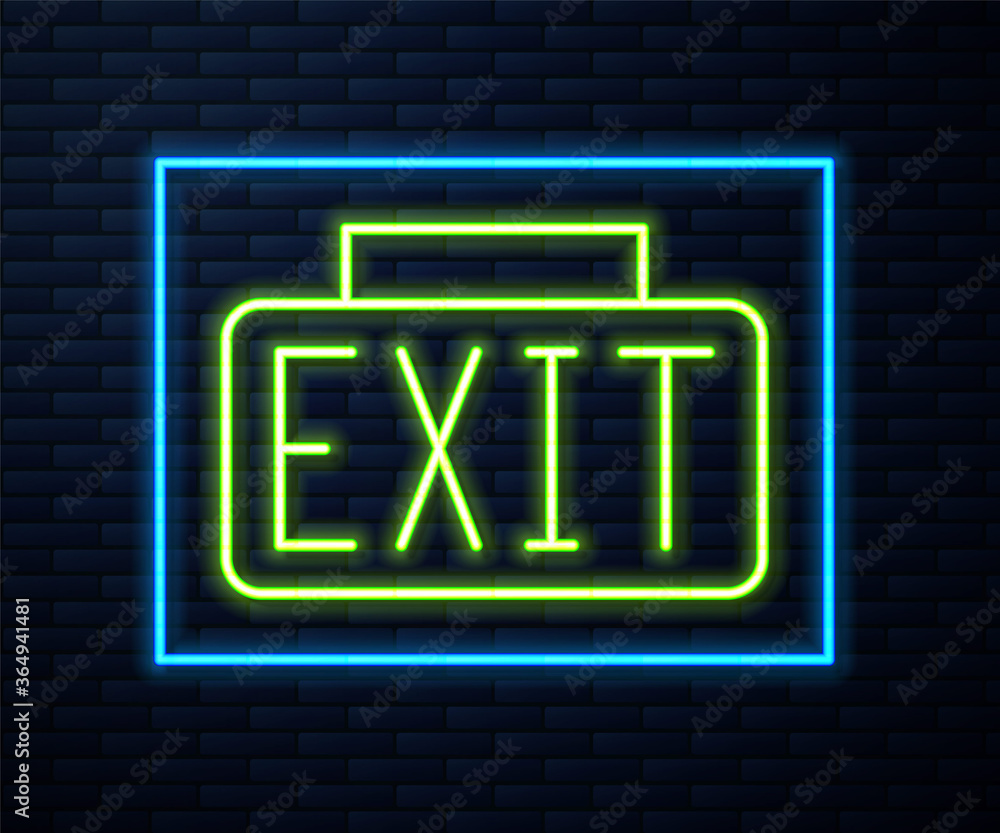 Glowing neon line Exit icon isolated on brick wall background. Fire emergency icon. Vector. Glowing neon line Exit icon isolated on brick wall background. Fire emergency icon. Vector.
