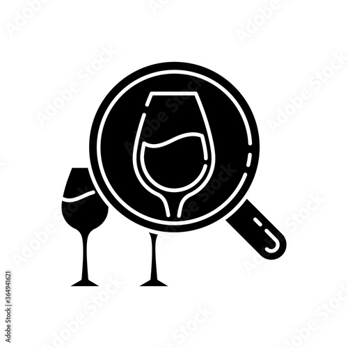 Enotourism black glyph icon. Wine tasting tours, winemaking silhouette symbol on white space. Alcohol drinks degustation on vacation. Wineglasses under magnifying glass vector isolated illustration