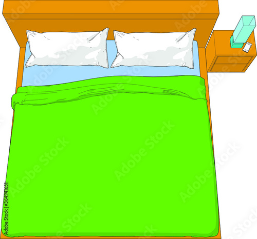 Top view Beautiful front angle birds eye perspective view Double bed side table lamp mobile phone smartphone white pillow green blanket wood