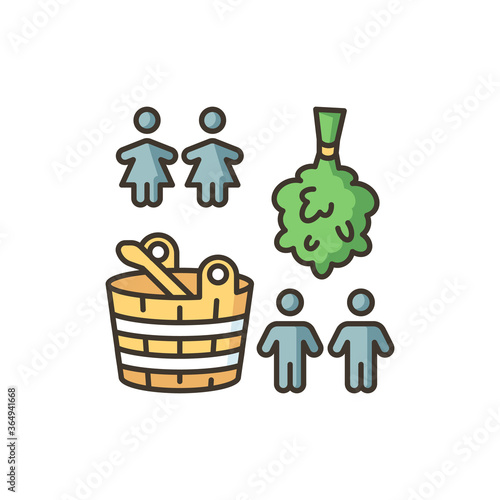 Single sex sauna RGB color icon. Public bathhouse with gender restriction. Finnish, russian banya recreation. People, bucket and broom isolated vector illustration photo