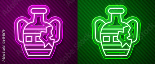 Glowing neon line Broken ancient amphorae icon isolated on purple and green background. Vector.