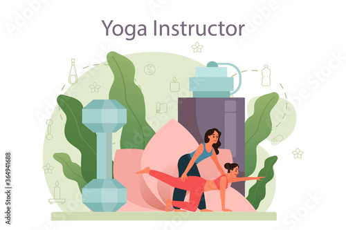Yoga instructor concept. Asana or exercise for men and women.