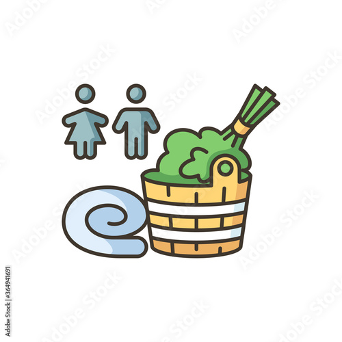 Mixed sex sauna RGB color icon. Bathhouse for men and women. Steam bath with no gender restriction. People, water bucket and broom isolated vector illustration