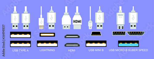 Different types of universal computer cable connectors, cables Type-A, Type-B, Mini-USB, USB Micro B, Micro-USB HDMI, Lightning, 30-pin USB